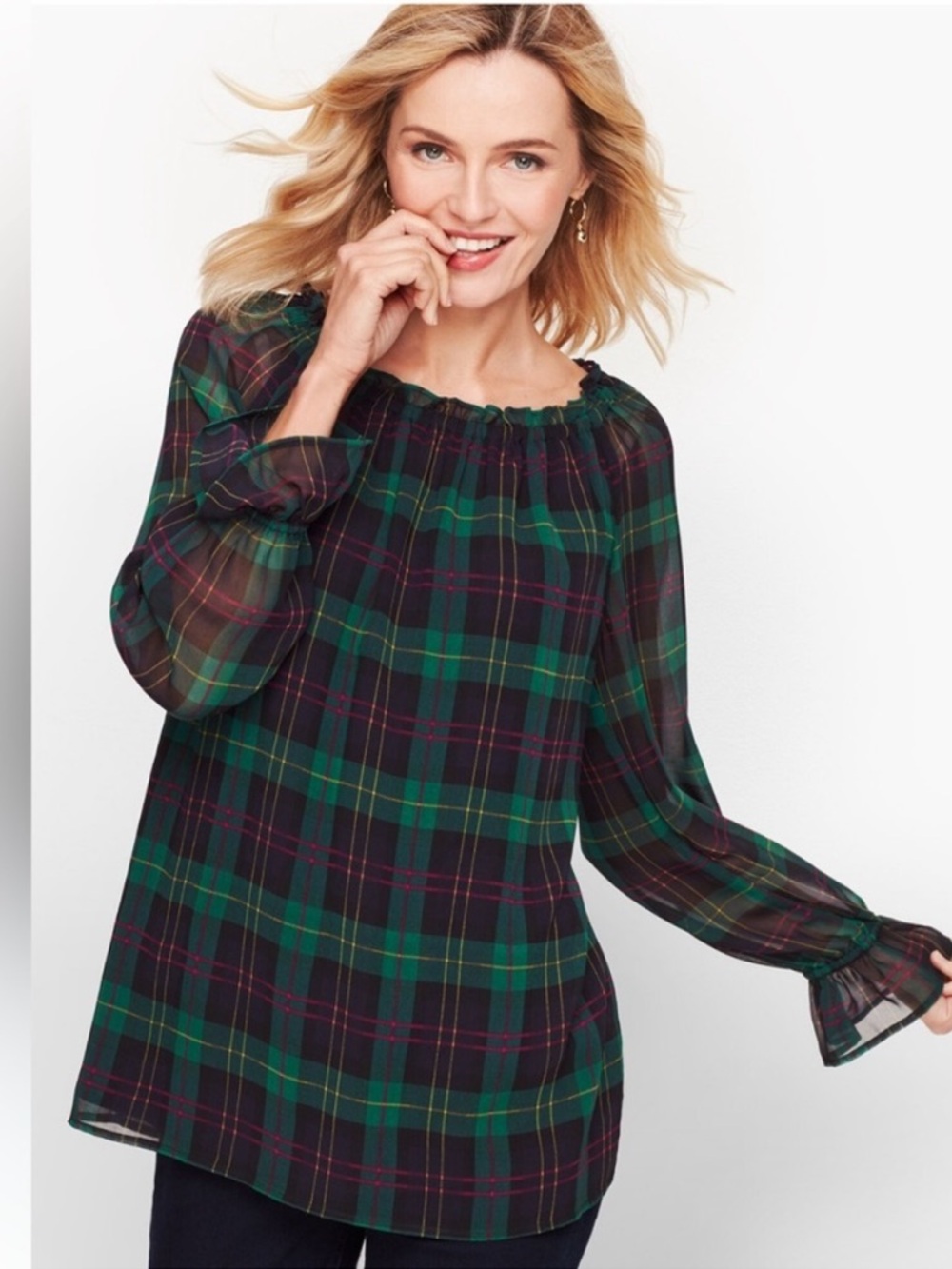 Talbots Plus Tartan Plaid Bell Sleeve Top Women’s 2X Blouse Navy Green Ruffle